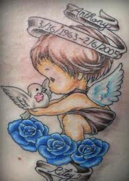 Memorial Cute Bird In Cupid Cherub Hand With Banner And Roses Tattoo Design