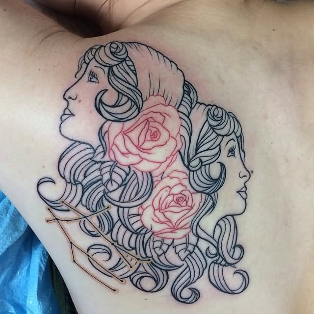 Outline Rose And Gemini Girls Tattoo On Left Back Shoulder