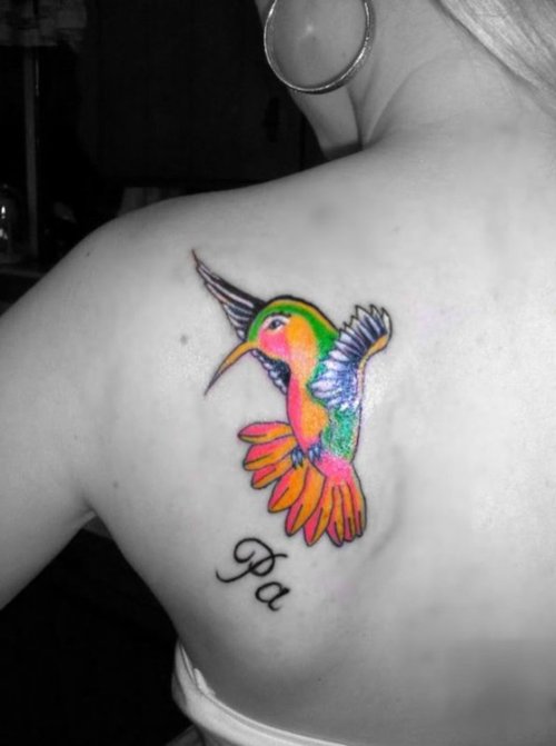 Pa - Colorful Hummingbird Tattoo On Girl Left Back Shoulder