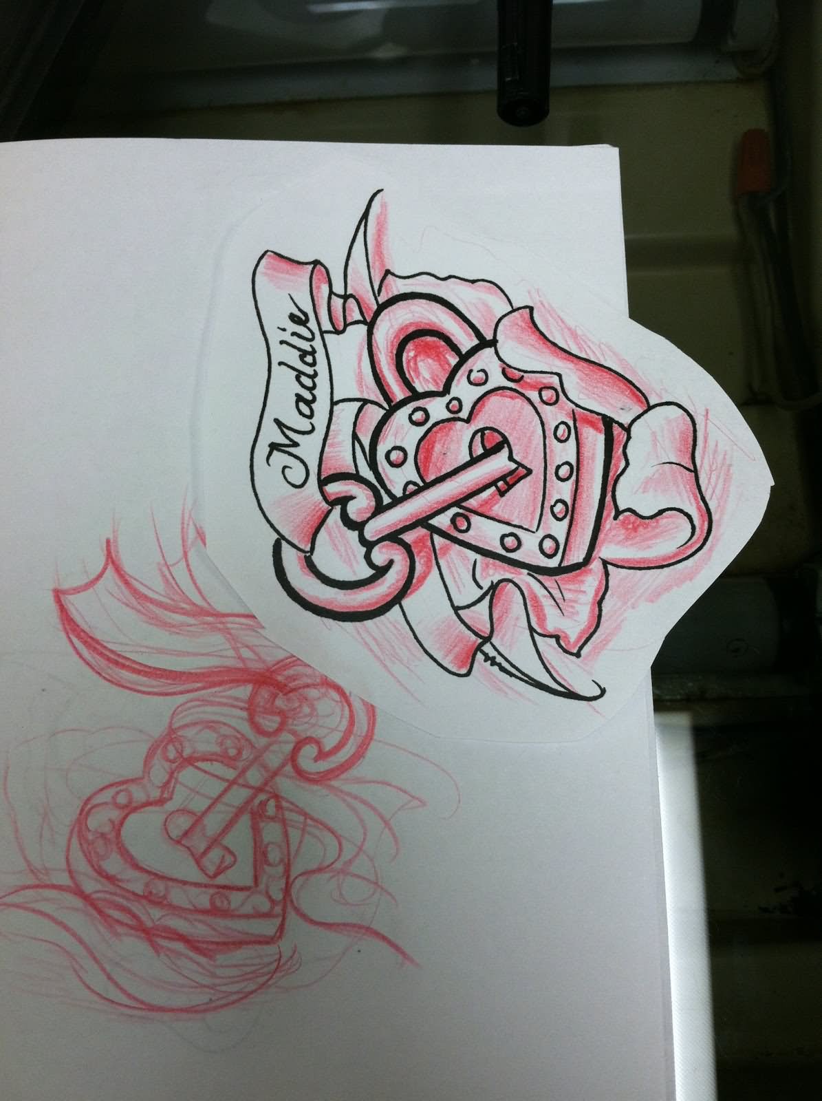 Pink Ink Heart Lock With Key And Banner Tattoo Design