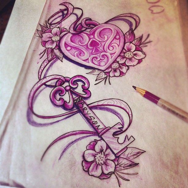Pink Ink Lock And Key Tattoo Design