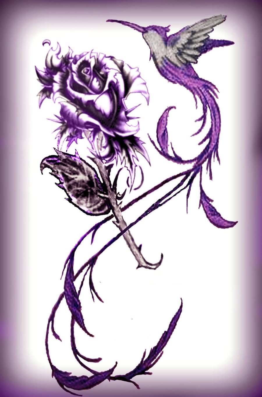 Purple Ink Hummingbird With Rose Tattoo Design