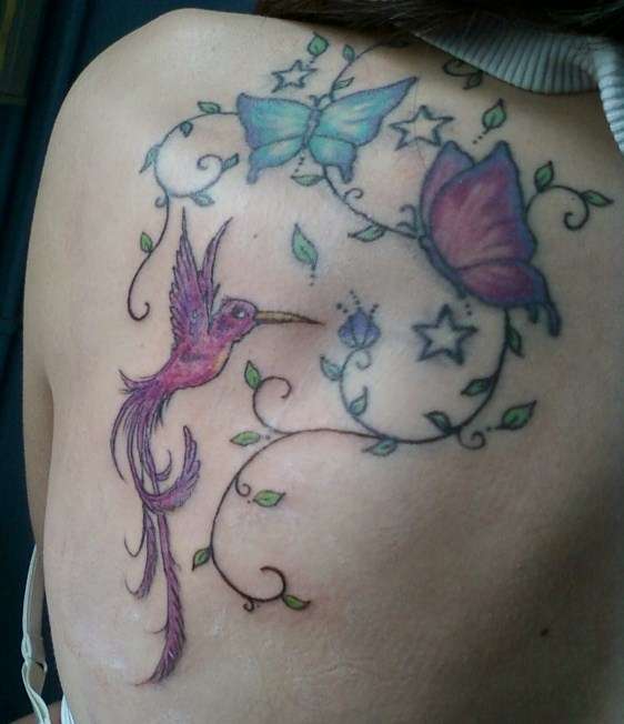 Purple hummingbird With Butterflies Tattoo Design For Upper Back