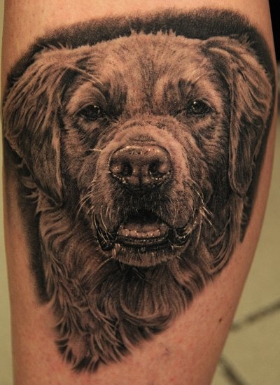 Realistic 3D Dog Face Tattoo Design For Leg Calf By Andy Engel