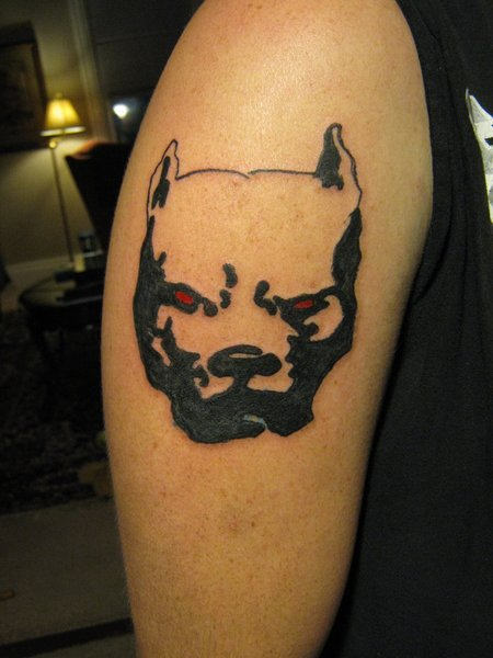 Red Eye Pitbull Dog Face Tattoo On Right Half Sleeve