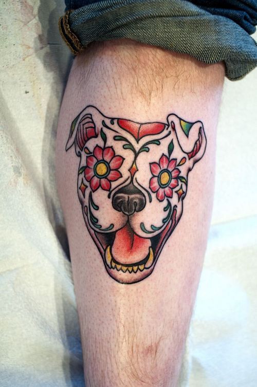 Sugar Dog Face Tattoo On Leg