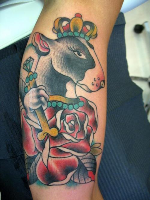 Traditional Bull Terrier Dog With Rose Tattoo Design For Half Sleeve