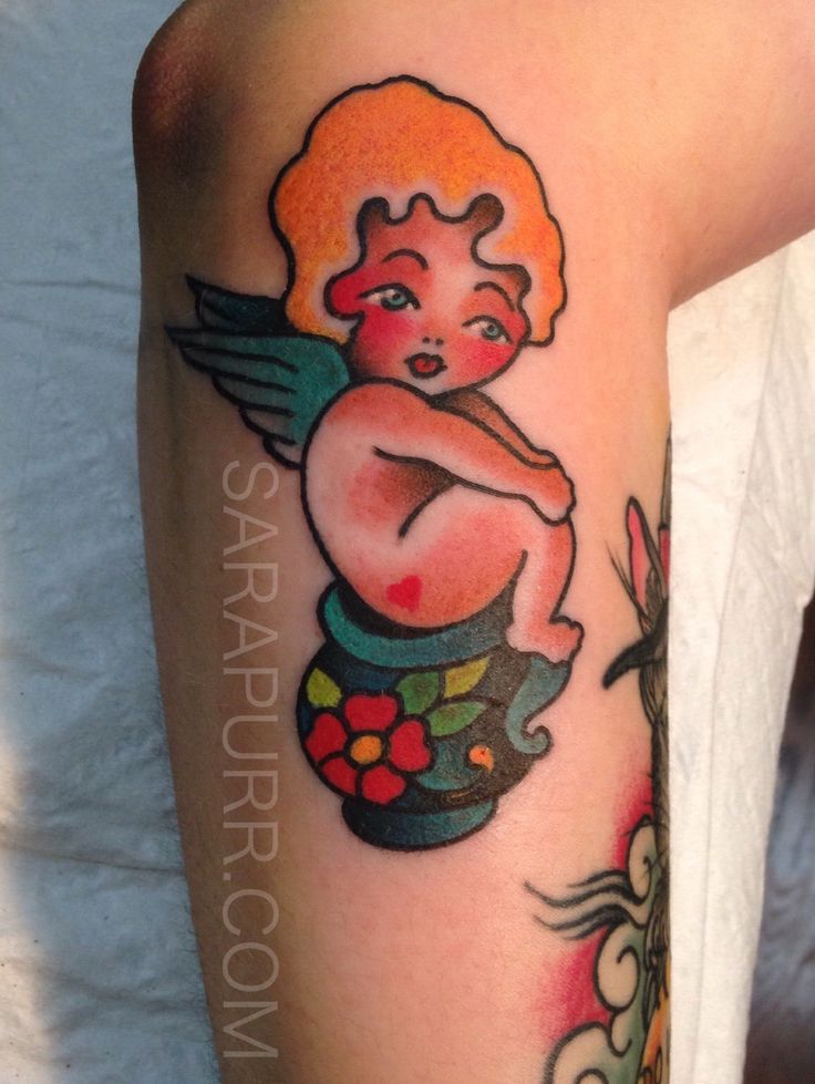 Traditional Cupid Cherub Tattoo Design For Arm