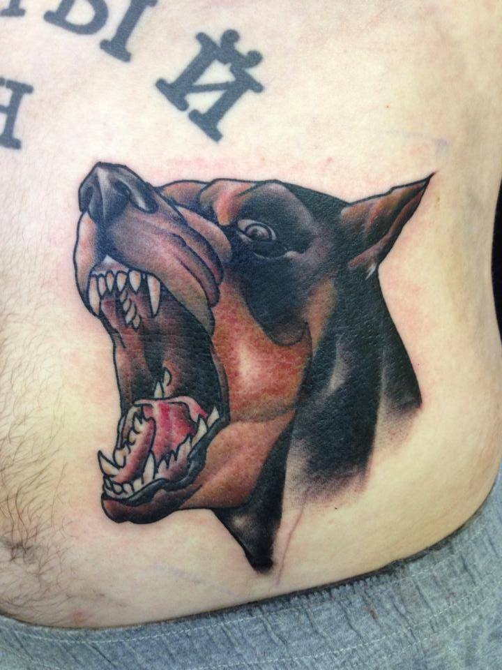 Traditional Doberman Pinscher Dog Face Tattoo On Waist