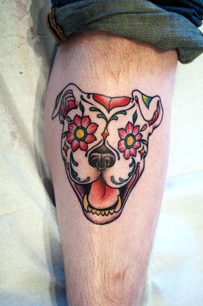 Traditional Dog Face Tattoo Design For Leg