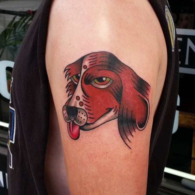 Traditional Dog Face Tattoo On Left Half Sleeve