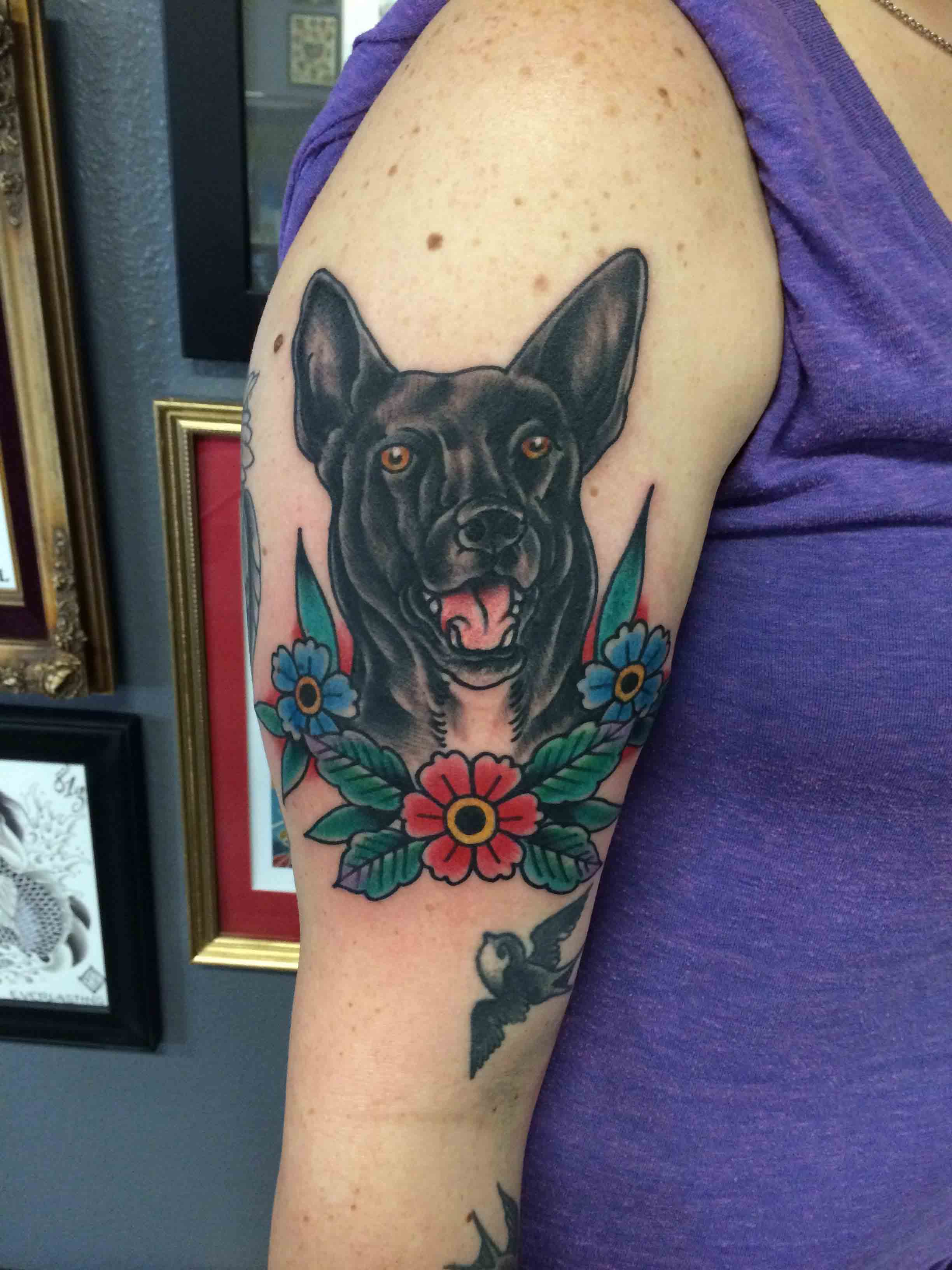 Traditional Dog Face With Flowers Tattoo On Girl Right Half Sleeve