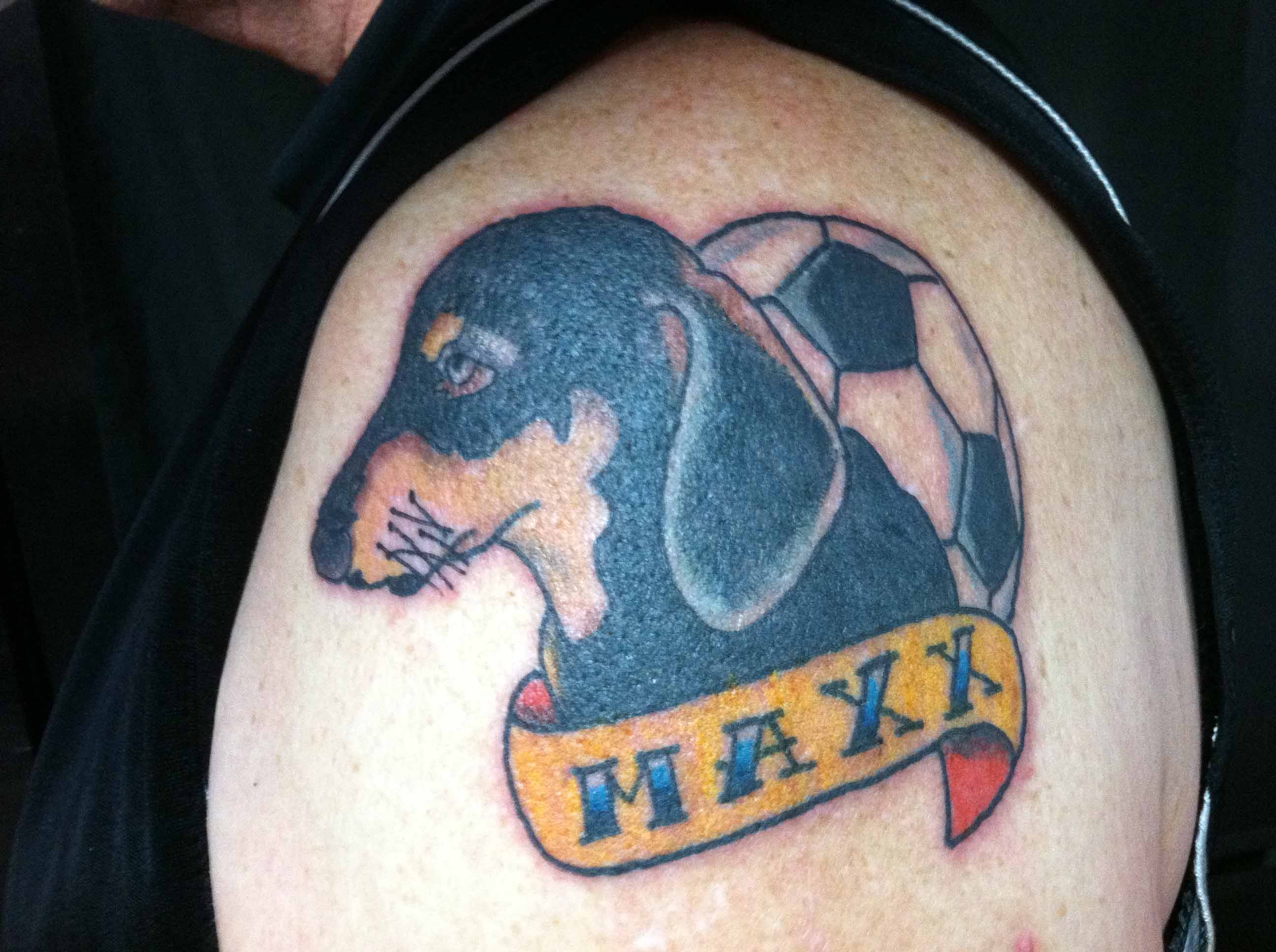 Traditional Dog Face With Maxx Banner  Tattoo Design For Shoulder