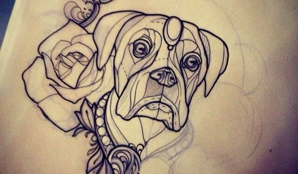 Traditional Dog Face With Rose Tattoo Design