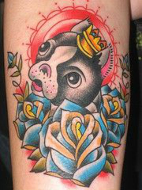 Traditional Dog Face With Roses Tattoo Design
