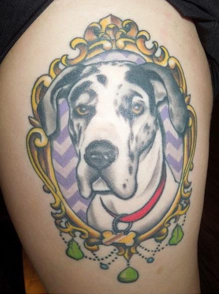 Traditional Dog In Frame Tattoo Design For Thigh