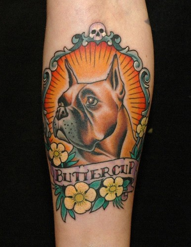 Traditional Dog In Frame With Flowers And Banner Tattoo On Forearm