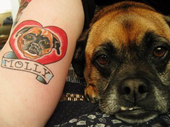 Traditional Dog In Heart With Molly Banner Tattoo Design For Forearm