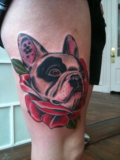 Traditional Dog In Rose Tattoo Design For Side Thigh