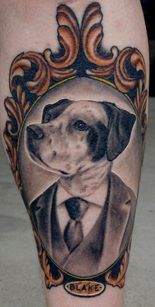 Traditional Gentleman Dog In Frame Tattoo Design For Arm