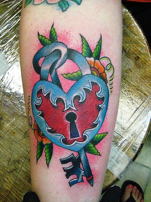 Traditional Heart Lock With Key Tattoo Design For Forearm