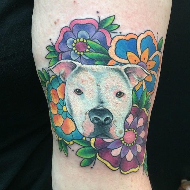 Traditional Pitbull Dog Face With Flowers Tattoo On Half Sleeve