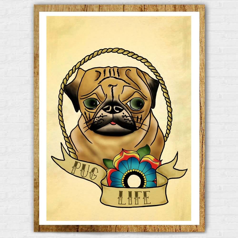 Traditional Pug Dog In Rope Frame With Flower And Banner Tattoo Design