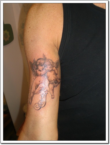 Two Cupid Cherub With Magic Stick Tattoo On Half Sleeve