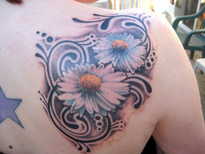 Two Daisy Flowers Tattoo On Right Back Shoulder