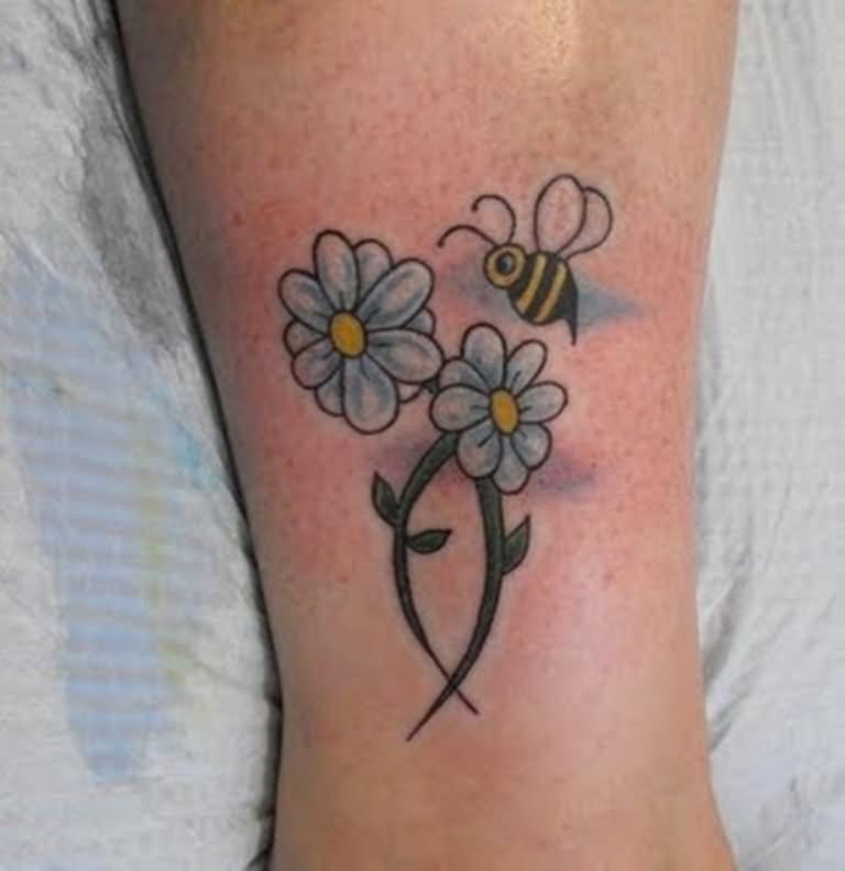 Two Daisy Flowers With Bee Tattoo Design