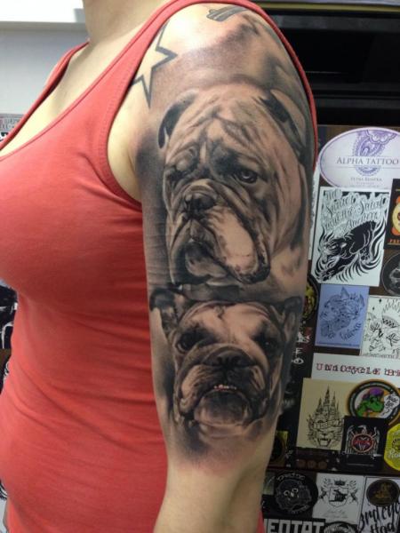 Two Dog Face Tattoo On Women Left Half Sleeve By Putka Tattoos