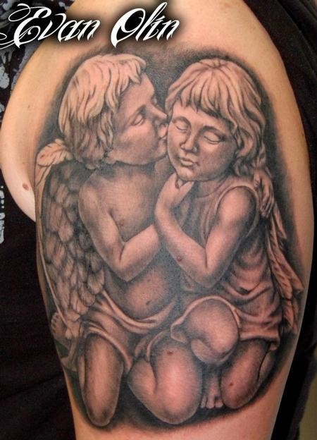 Two Kissing Cupid Cherub Tattoo On Shoulder