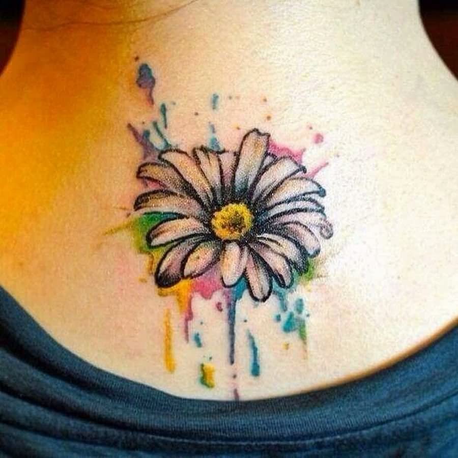 Watercolor Daisy Flower Tattoo Design For Upper Back