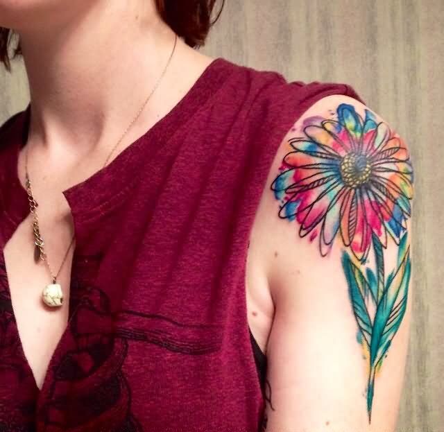 Watercolor Daisy Flower Tattoo On Girl Left Shoulder