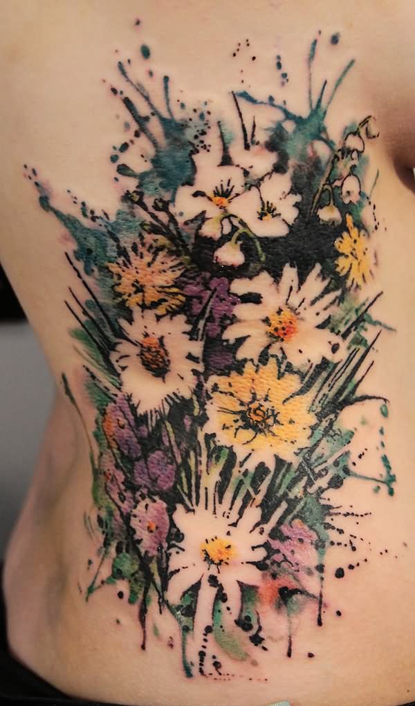 Watercolor Daisy Flowers Tattoo Design For Side Rib