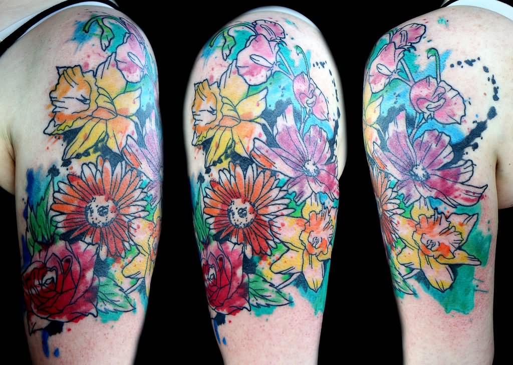 Watercolor Daisy Flowers With Rose Tattoo On Half Sleeve