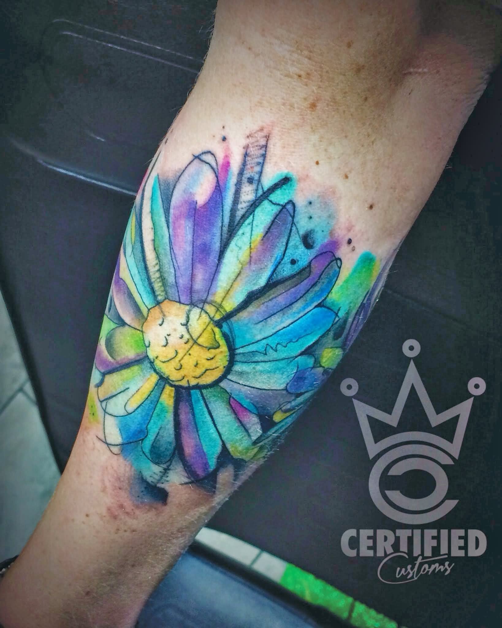 Watercolor Daisy Tattoo Design For Leg