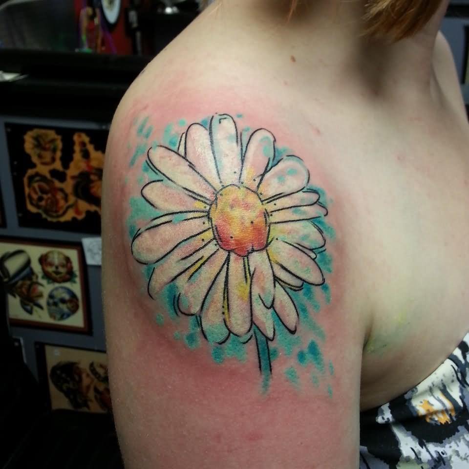 Watercolor Daisy Tattoo On Girl Right Shoulder