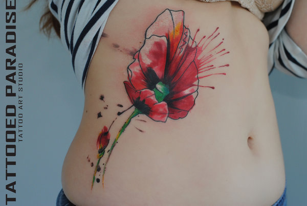 Watercolor Daisy Tattoo On Girl Side Rib