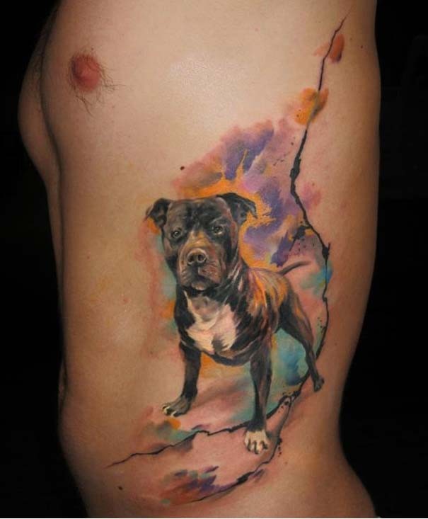 Watercolor Dog Tattoo On Man Side Rib