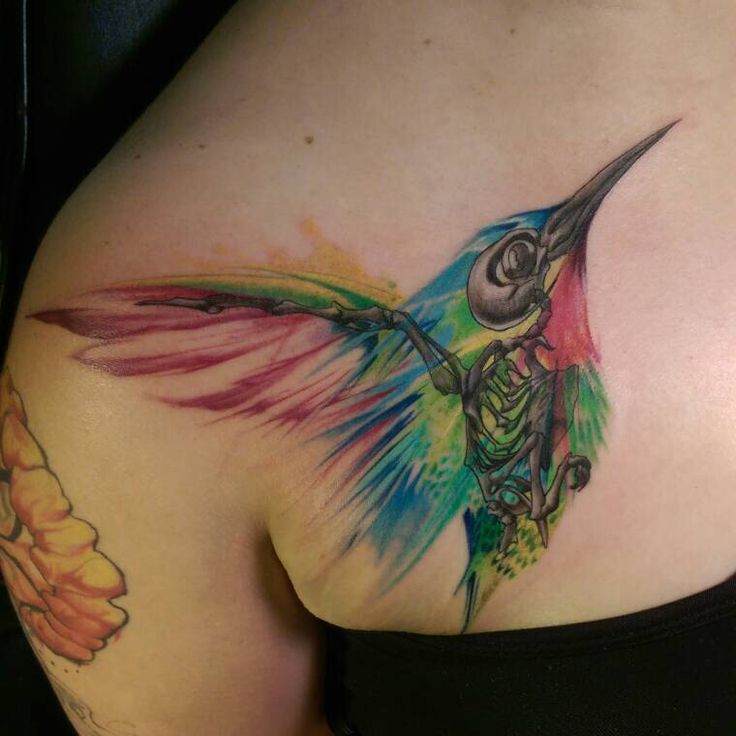 Watercolor Hummingbird Skeleton Tattoo Design For Back Shoulder