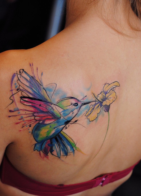 Watercolor Hummingbird Tattoo On Girl Back Shoulder