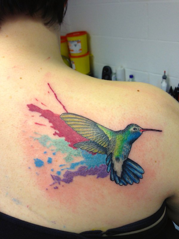 Watercolor Hummingbird Tattoo On Girl Right Back Shoulder