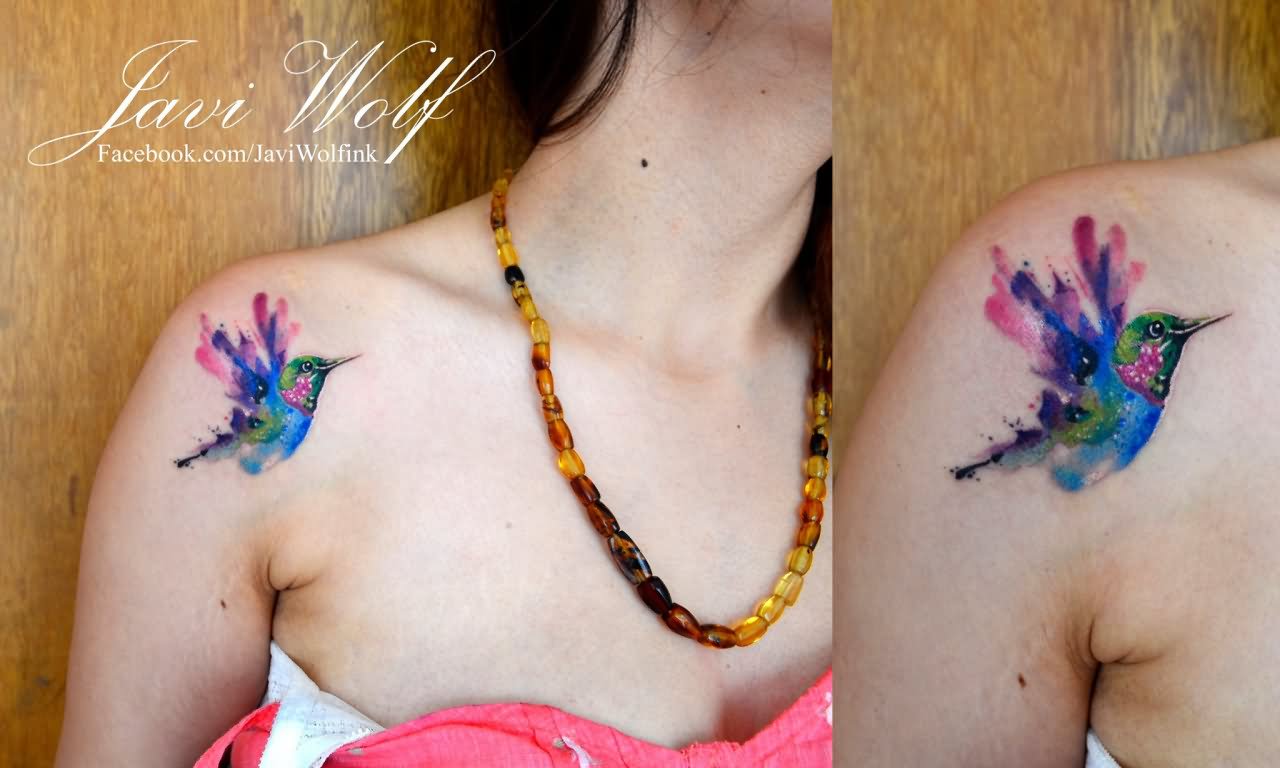 Watercolor Hummingbird Tattoo On Girl Right Front Shoulder By Javi Wolf