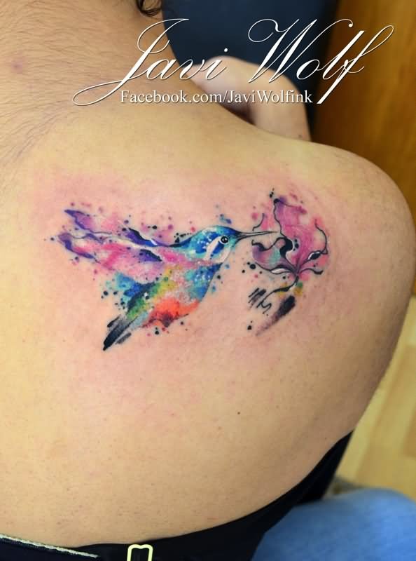 Watercolor Hummingbird Tattoo On Right Back Shoulder By Javi Wolf