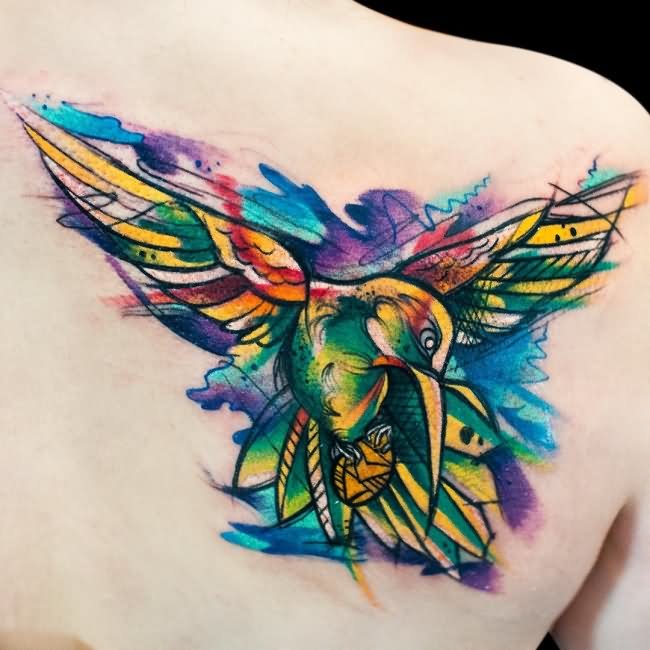 Watercolor Hummingbird Tattoo On Right Back Shoulder