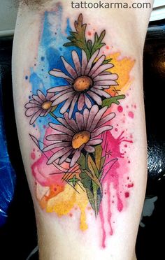 Watercolor Three Daisy Tattoo Design For Half Sleeve