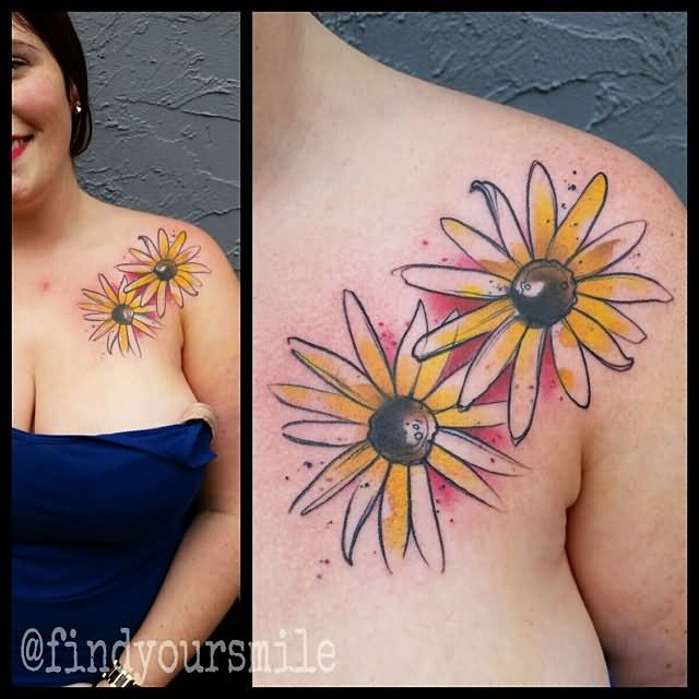 Watercolor Two Daisy Flowers Tattoo On Girl Left Front Shoulder