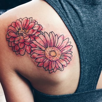 Watercolor Two Daisy Flowers Tattoo On Left Back Shoulder