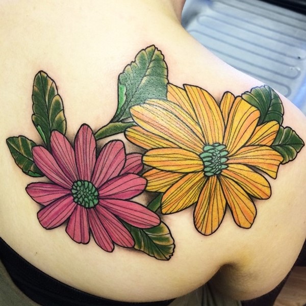 Yellow And Pink Two Daisy Flower Tattoo On Right Back Shoulder